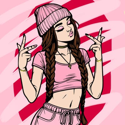 realistic teenage girl with braids and a beanie and crop top doing 🫶🏼