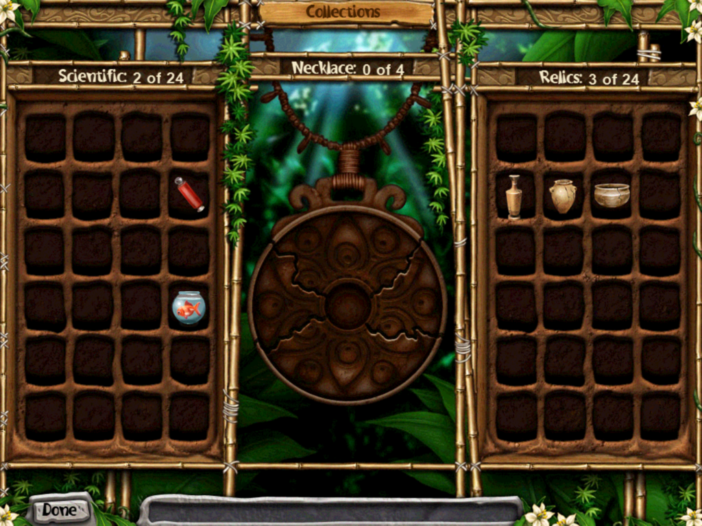 Virtual Villagers 5 - Lite - The collections screen in Virtual Villagers 5 showing collected scientific items and ancient relics