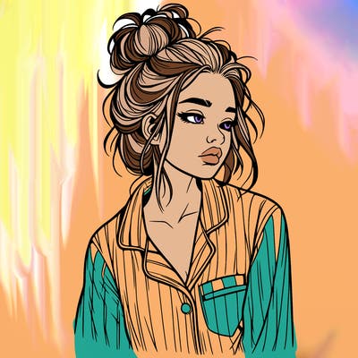realistic woman with pajamas on and a messy bun