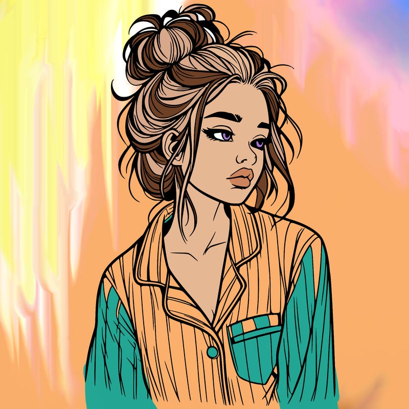 realistic woman with pajamas on and a messy bun