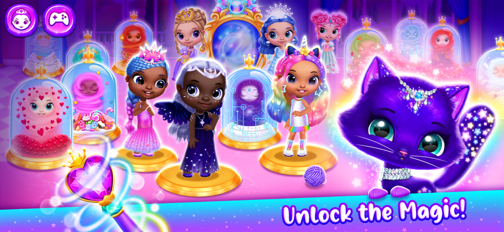 Un grupo de muñecas de princesas mágicas y un gato con temática de estrellas moradas en un castillo virtual