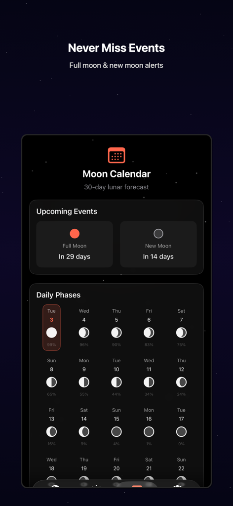 다가오는 이벤트와 일별 위상을 보여주는 Moon Phase Keeper 달력 화면