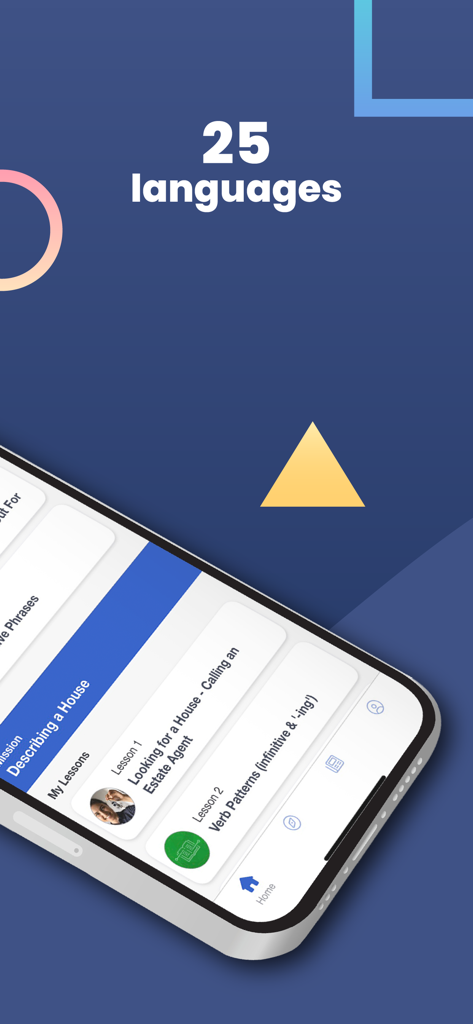 Interface do aplicativo móvel Altissia exibindo várias lições de idiomas e módulos profissionais em uma tela de smartphone.