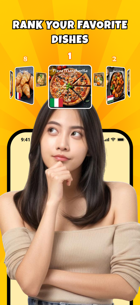 Food Challenge: Funny Filter - A woman using a mobile app filter to rank food dishes like pizza and croissants
