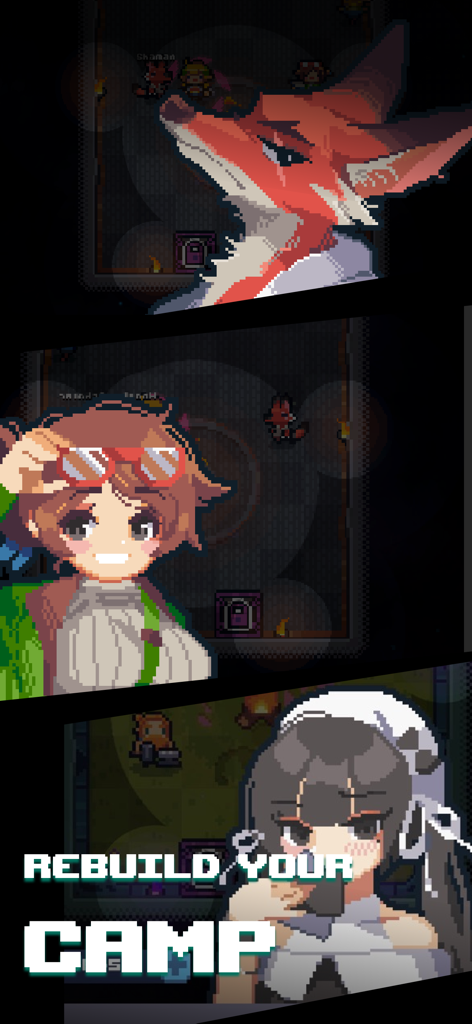 Guidus - Three pixel art characters from Guidus game with the text Rebuild Your Camp