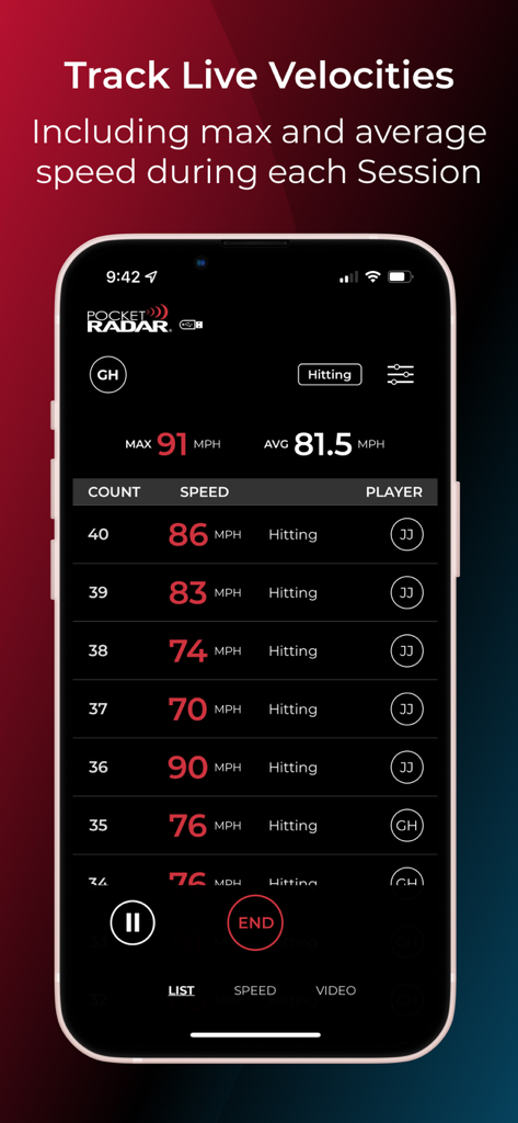 Pocket Radar® Sports - Pocket Radar app screen showing live hitting velocity data with max and average speed statistics