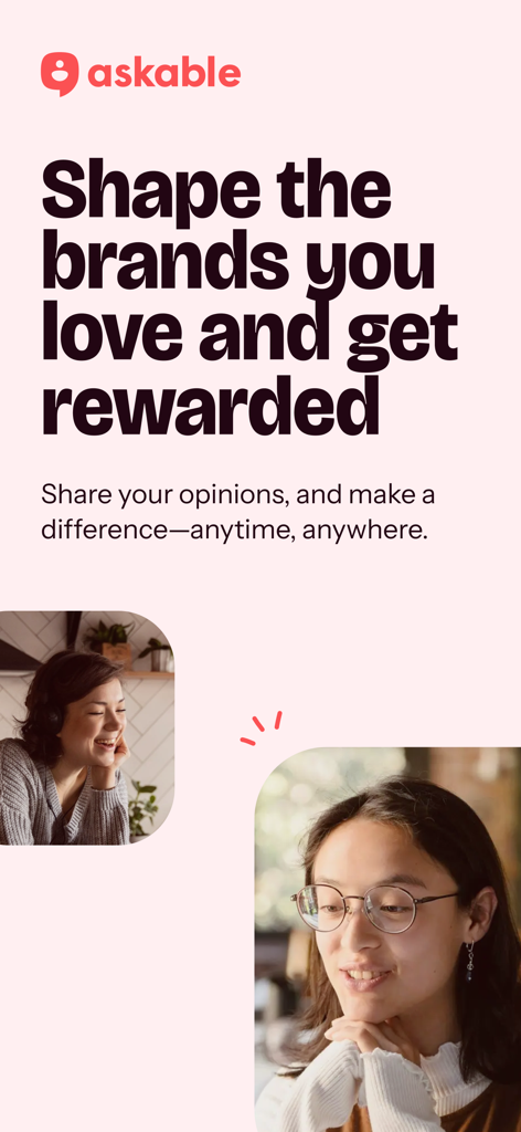 Askable - Askable app screen featuring the headline Shape the brands you love and get rewarded with photos of users participating in research.