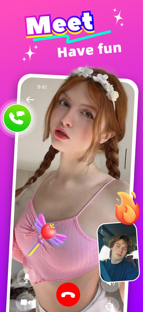 Studa：Adult Friends，Video Call - Interface of the Studa app showing a one-on-one video call between a young woman and a young man