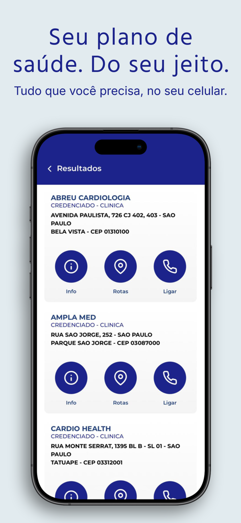 Blue Med App - Interfaz de Blue Med App mostrando una lista de clínicas médicas en la red acreditada con botones para rutas de información y llamadas.