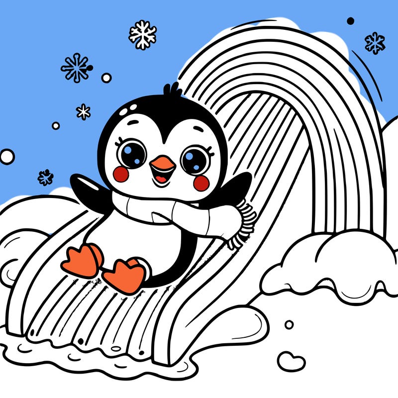 cartoon penguin sliding on an icy rainbow slide