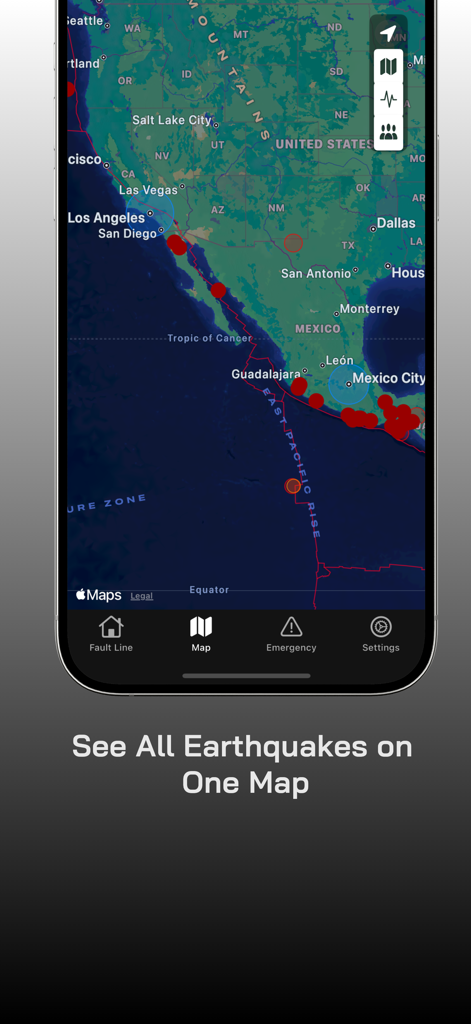 Fault Line - Earthquakes - Map view showing recent earthquake locations in North America