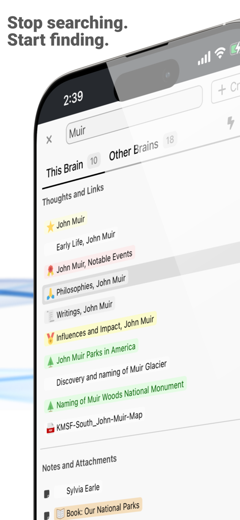 TheBrain: Smart Notes & Links - TheBrain 앱 검색 인터페이스는 John Muir에 대한 여러 개의 연결된 노트와 링크를 보여줍니다.