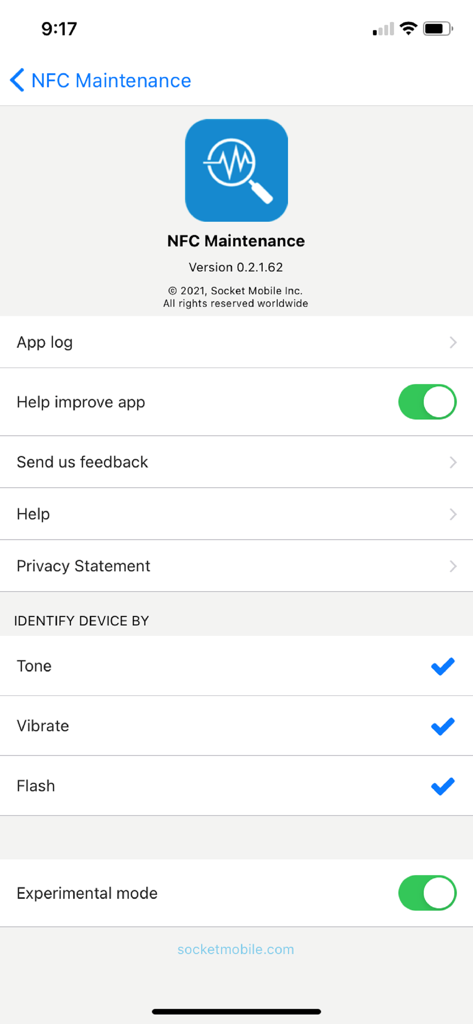Maintenance by Socket Mobile - NFC Maintenance settings screen in the Socket Mobile app showing device identification and configuration options