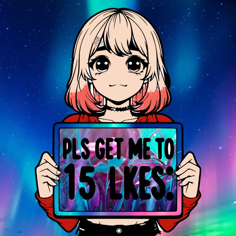 realistic girl holding up a sign that says “pls get me to 15 likes!”