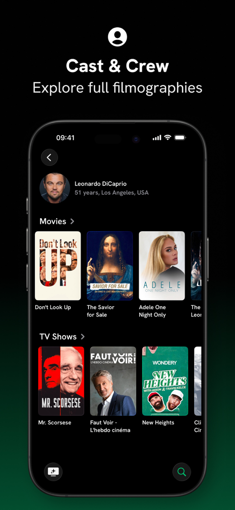 B.Roll – Movies & TV Tracker - B.Rollアプリインターフェース。俳優のキャストとクルーのフィルモグラフィーページが表示されています。