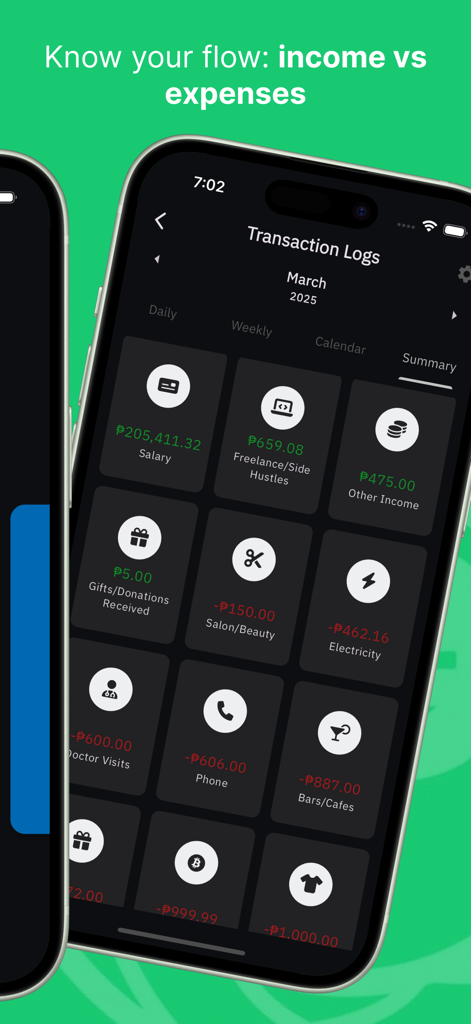 Finnest App transaction logs summary showing categorized income and expenses in a clean dark mode interface