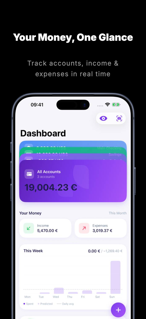 Expense Tracker Genius - Panel de control de la aplicación Expense Tracker Genius que muestra el saldo total y el gráfico de gastos semanales