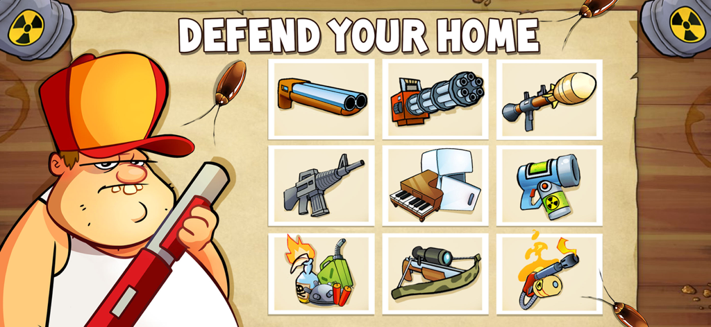A cartoon man with a shotgun standing next to a grid of various weapons and defense tools in Swamp Attack.