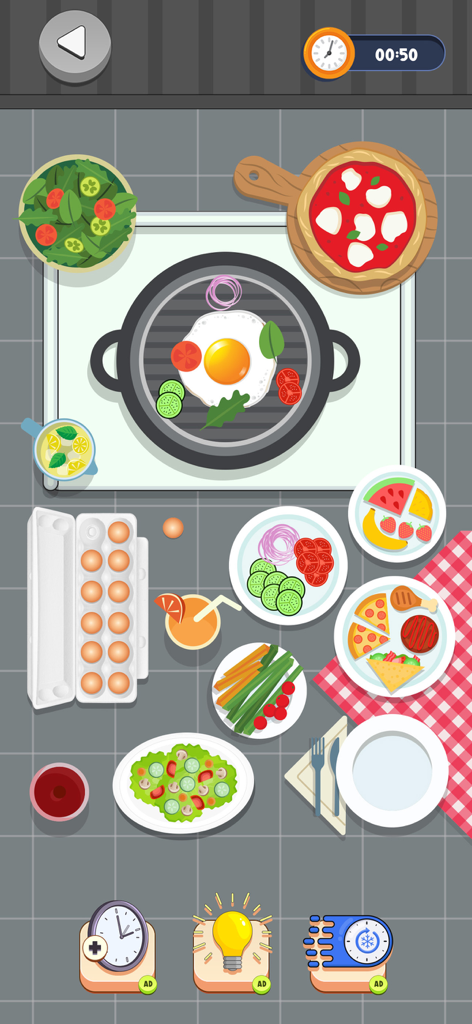 Perfect Organizing: Tidy Games - Vista de arriba hacia abajo de un nivel de organización de alimentos en Tidy Games con artículos de desayuno, pizza y ensaladas en un mostrador de azulejos.