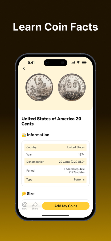 Coin Identifier app showing historical facts and details for a 1874 United States 20 cent coin.