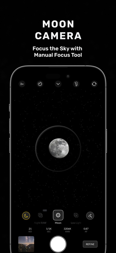 Nightcam app interface showing the Moon Mode with manual focus settings for night photography.