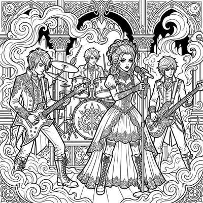 Dive into the dark elegance of this Gothic teenage musicians coloring page, featuring a band performing with dramatic flair. Unleash your artistic vision on their ornate costumes and an intricately detailed stage.