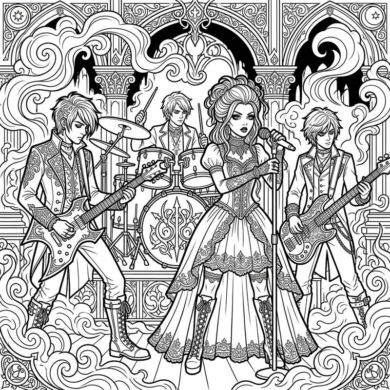 Dive into the dark elegance of this Gothic teenage musicians coloring page, featuring a band performing with dramatic flair. Unleash your artistic vision on their ornate costumes and an intricately detailed stage.