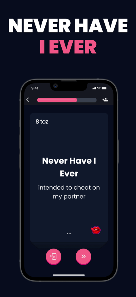 TOZ mobile party game screen showing a Never Have I Ever prompt on a smartphone.