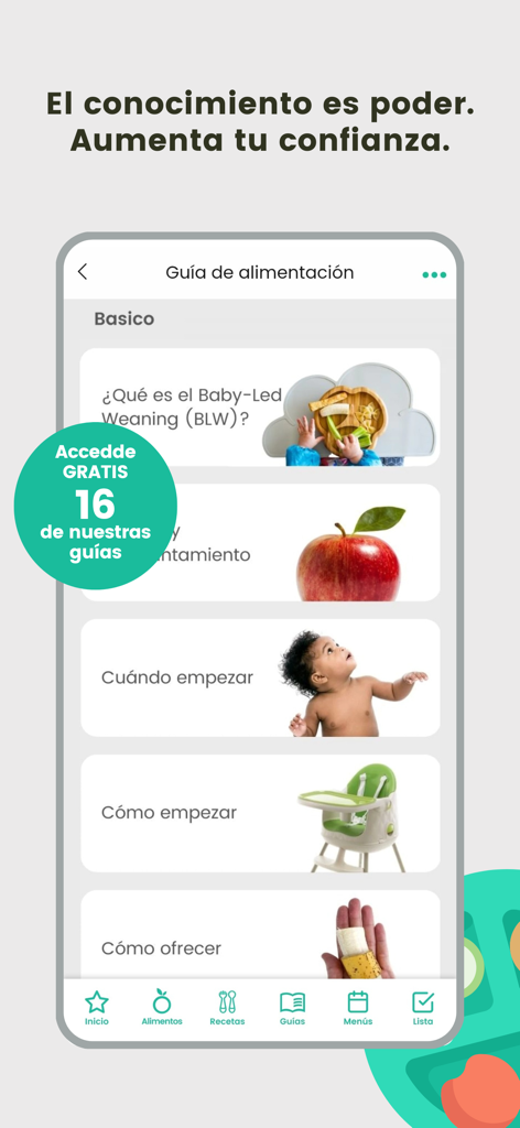 BLW Ideas Recetas Bebés - Pantalla de aplicación móvil que muestra guías de alimentación para el método de alimentación infantil a demanda (BLW) en español