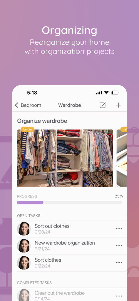 BeTidy app screen for organizing a wardrobe with a progress tracker and task list