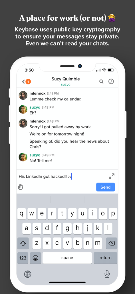 iPhone screen displaying the Keybase messaging interface with end-to-end encryption and private chat messages.