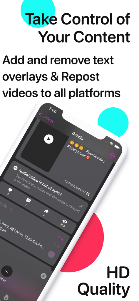 SnapTk Save Video from Links - SnapTk mobile app interface showing video analytics and tools to repost content without watermarks