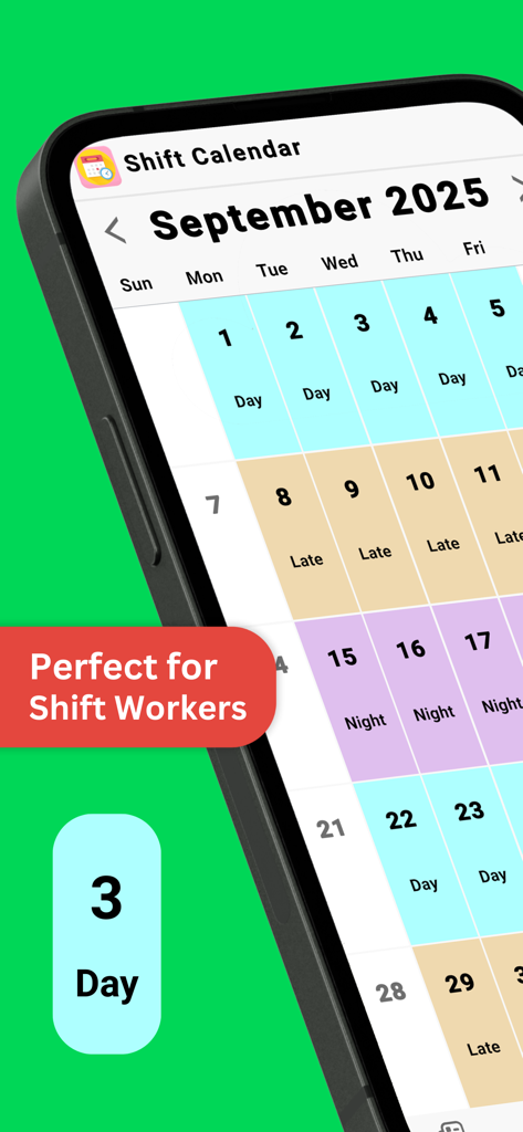 Shift Work Calendar - Simple - Um calendário mensal de turnos de trabalho codificado por cores em uma tela de iPhone exibindo turnos diurnos e noturnos para trabalhadores