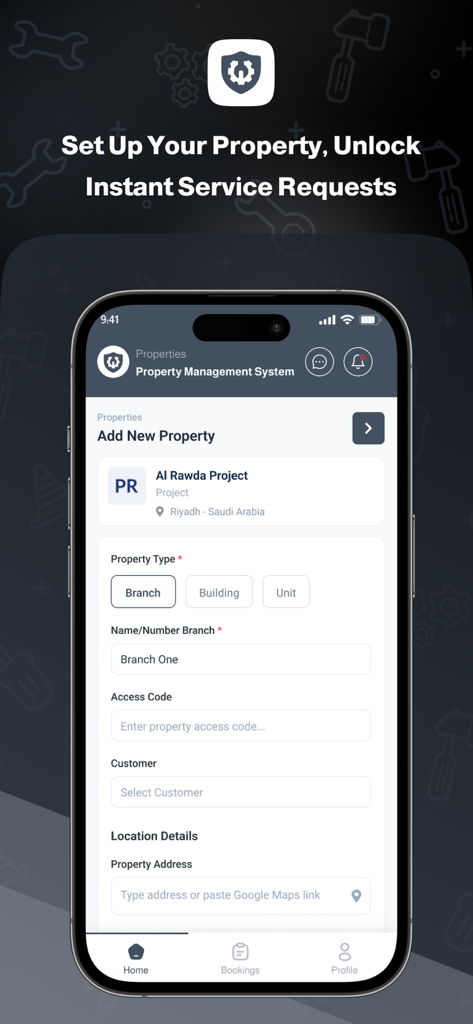 Warranty - وارنتي - Mobile interface for adding a new property branch in the Warranty maintenance management app