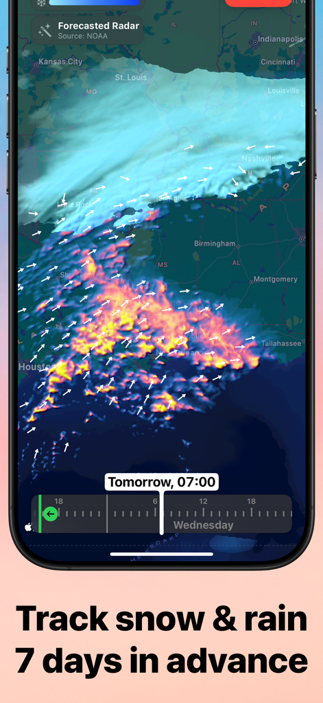 Widget de Radar Meteorológico que muestra un mapa de seguimiento de tormentas en vivo y un pronóstico meteorológico de 7 días