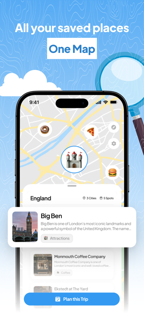 Latera - Save Spot & Plan Trip - Latera app interface displaying saved travel locations and landmarks on a map with food and attraction icons.