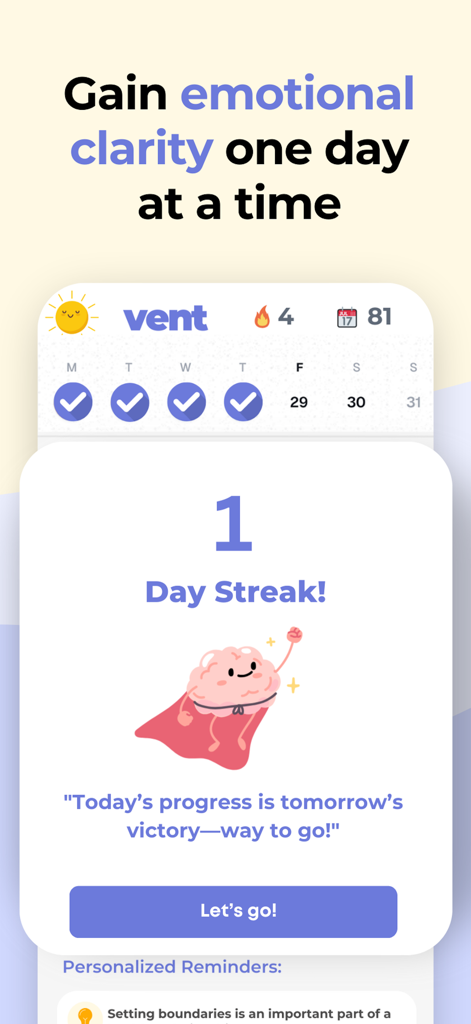 Captura de pantalla de la aplicación Vent Now que muestra una pantalla de progreso de racha diaria con un icono de cerebro de superhéroe