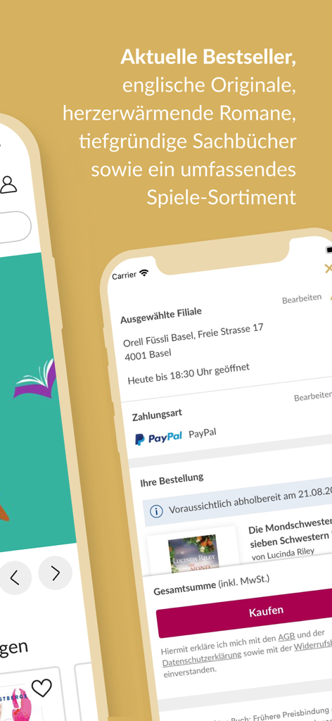 Orell Füssli – Mein Buch - Mobile interface of the Orell Fuessli app showing the order summary and checkout screen in German