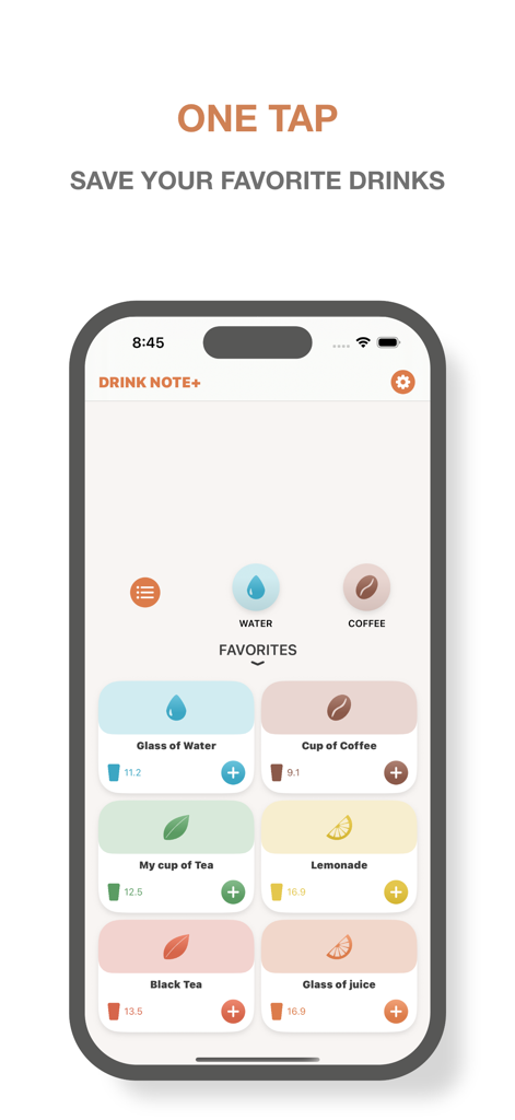 Drink Note – Water Tracker - Drink Note 앱 인터페이스, 한 번의 탭으로 추적할 수 있는 물, 커피, 차와 같은 좋아하는 음료 목록을 보여줍니다.