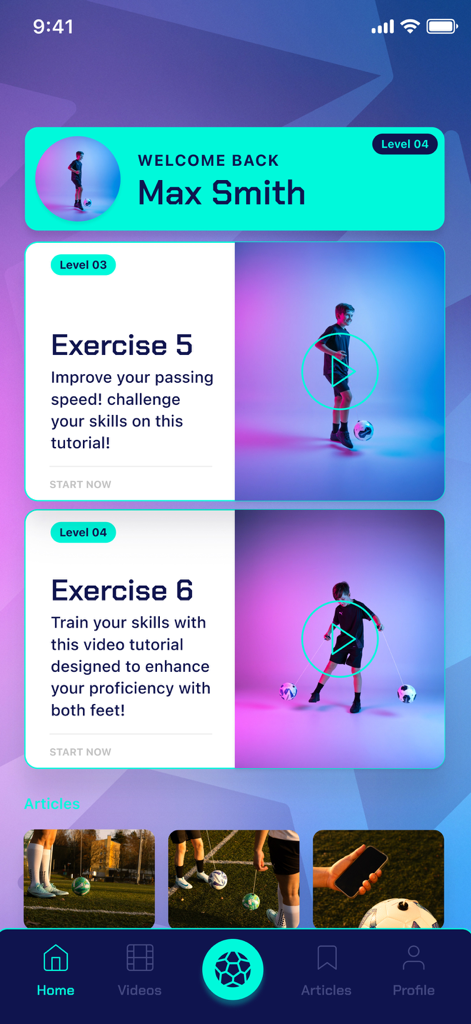 Dashboard of the SenseBall app showing soccer training exercises and a player profile