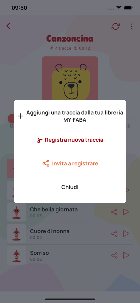 MyFaba – Il tuo Raccontastorie - MyFabaアプリのインターフェース。新しいトラックを録音するか、誰かにストーリーを録音するように招待するオプションが表示されています。