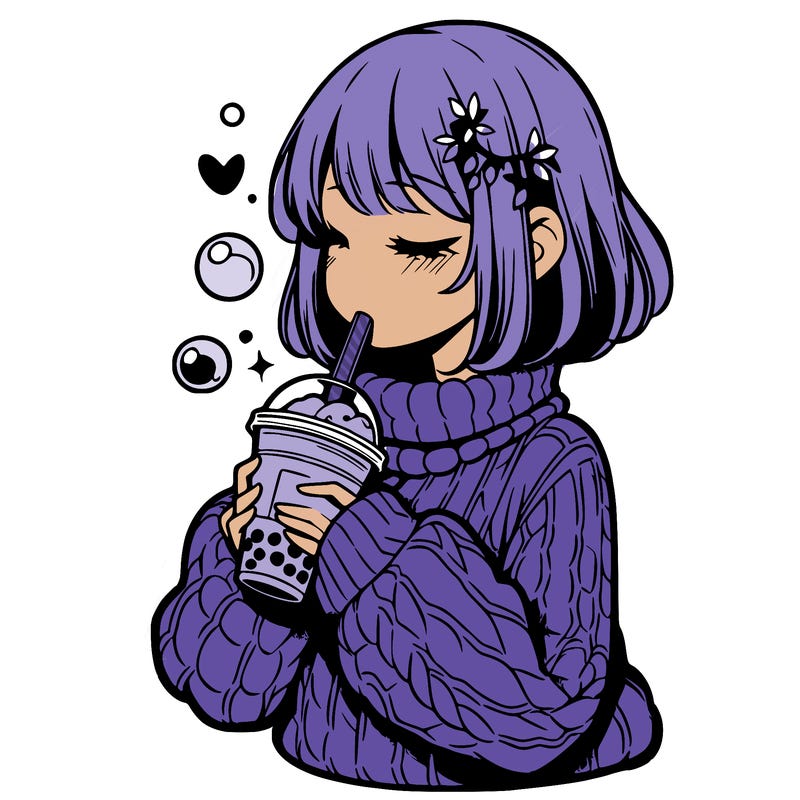 manga girl drinking boba in cozy sweater