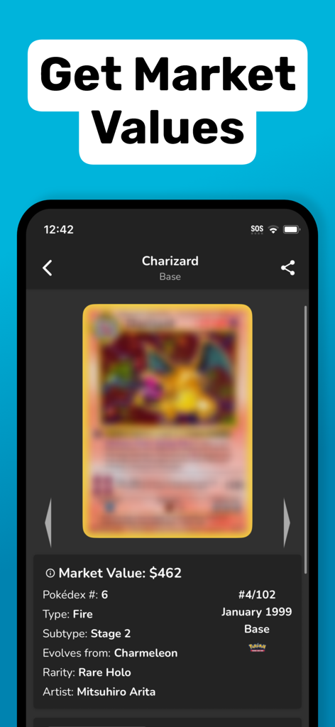 App screen showing the market value and data for a Base set Charizard card