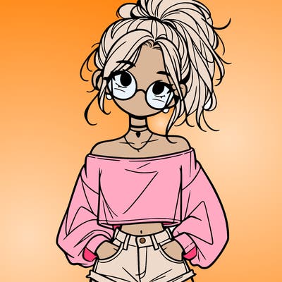 girl with a messy ponytail glasses a baggy crop top and jean shorts