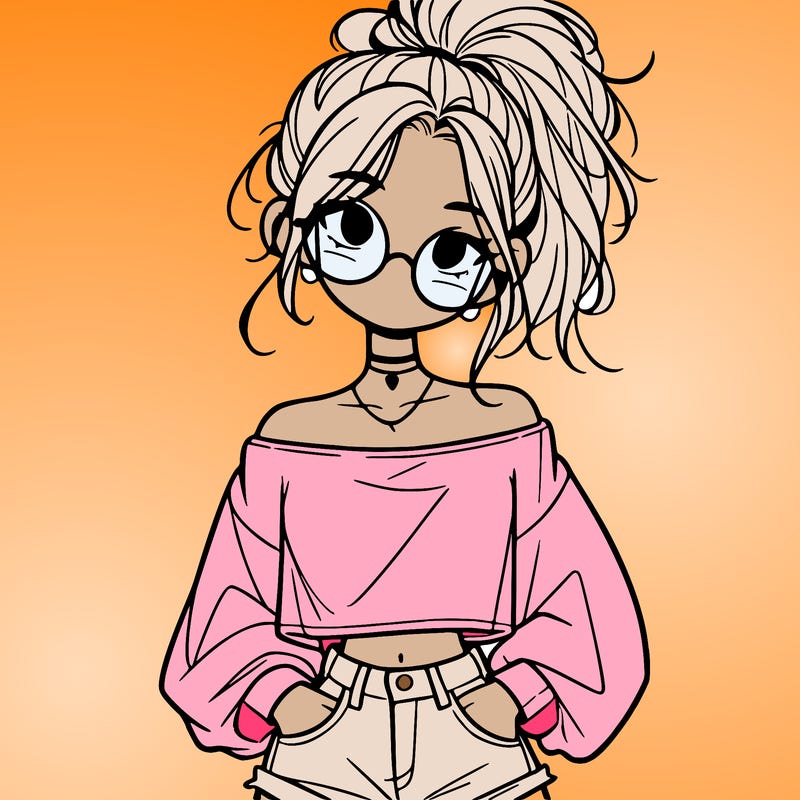 girl with a messy ponytail glasses a baggy crop top and jean shorts