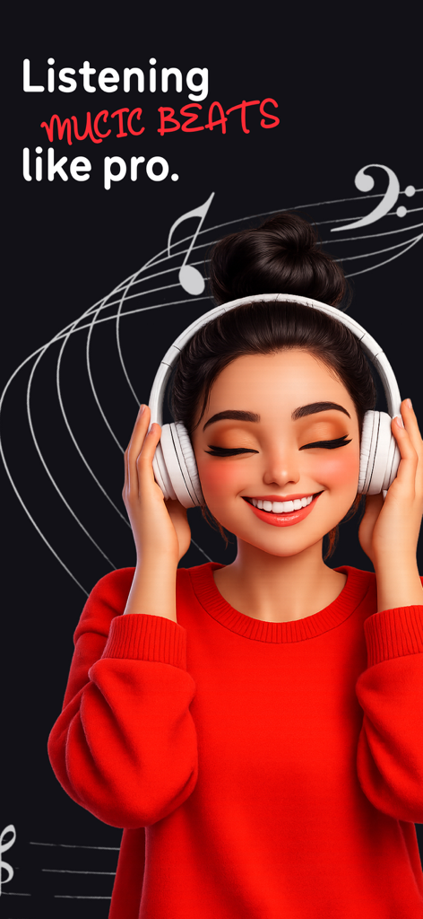 Music Player - Offline Audio - Un'illustrazione di una donna con cuffie bianche che sorride ascoltando musica
