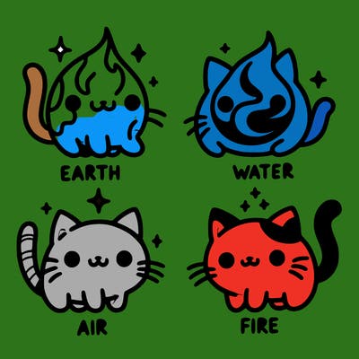 4 cats that represent the different elements, earth, water, air, and fire