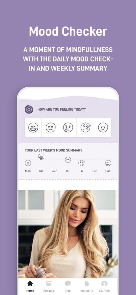 Pam Fitness and Food app screenshot showing the Mood Checker feature with daily emoji check-ins and a weekly mood summary.