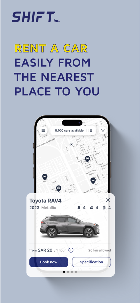 스마트폰 화면: SHIFT 카셰어링 앱 지도 및 Toyota RAV4 렌탈 예약 옵션 표시