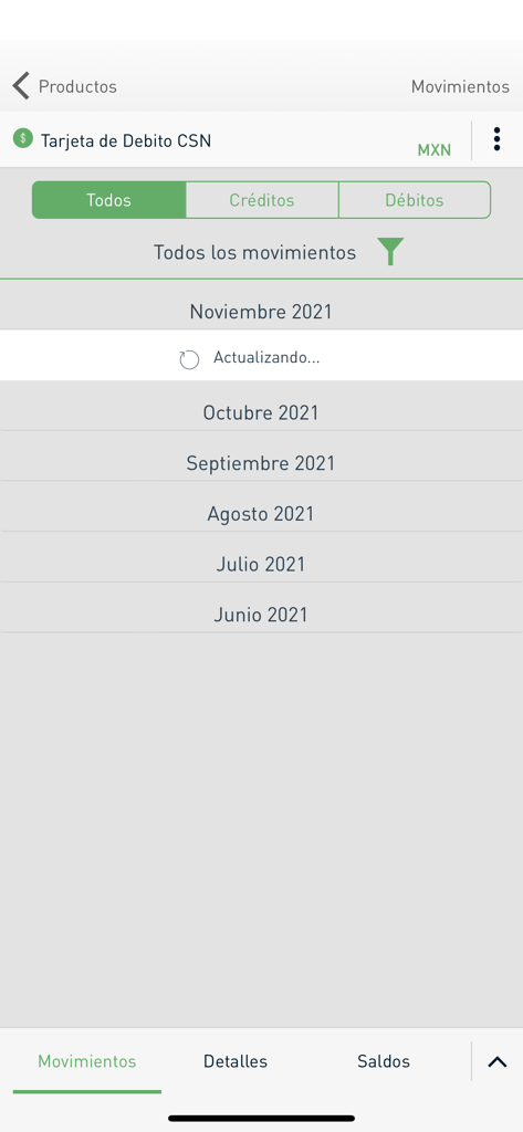 CSN Móvil - Interfaz de la aplicación CSN Movil que muestra el historial de transacciones mensuales de la tarjeta de débito
